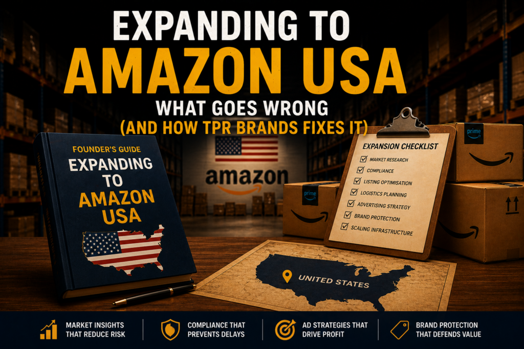 Amazon USA expansion guide with logistics, checklist, and warehouse background