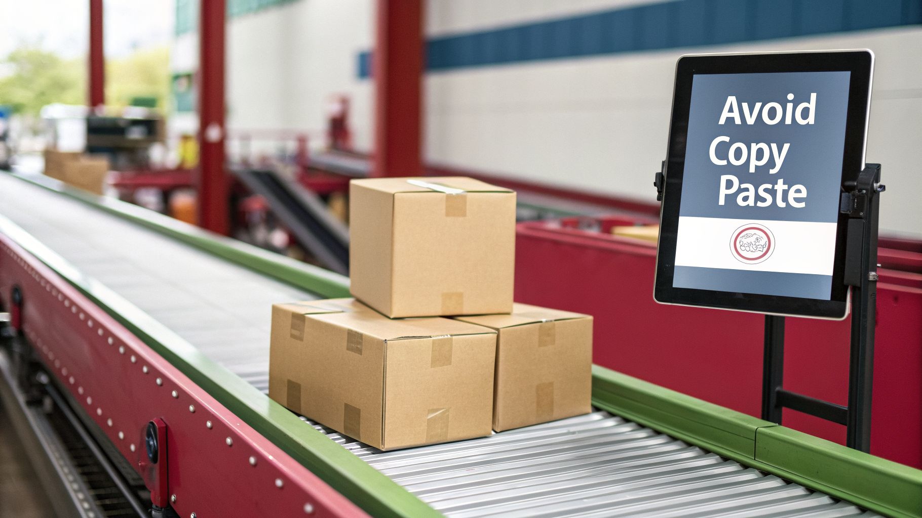 Three cardboard boxes move on a warehouse conveyor belt, with a digital sign displaying 'Avoid Copy Paste'.