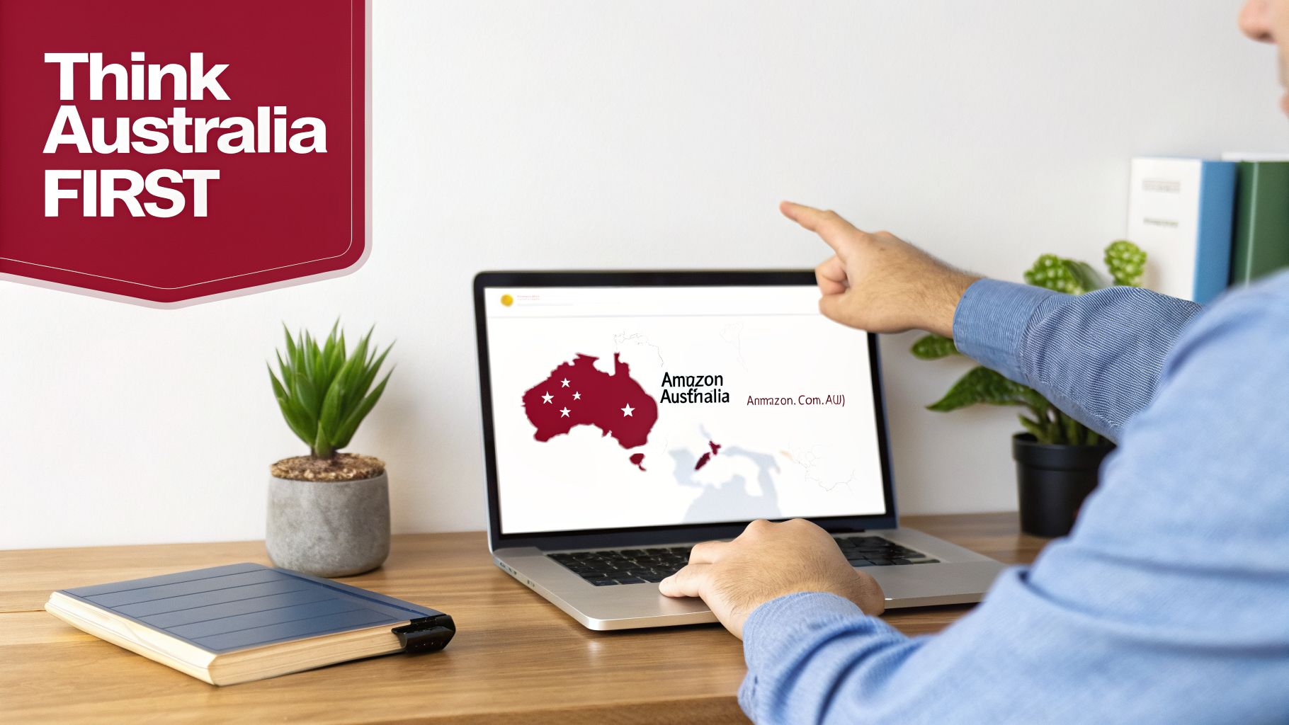 Person pointing at a laptop displaying a map of Australia with 'Amazon Australia' text and a 'Think Australia FIRST' banner.