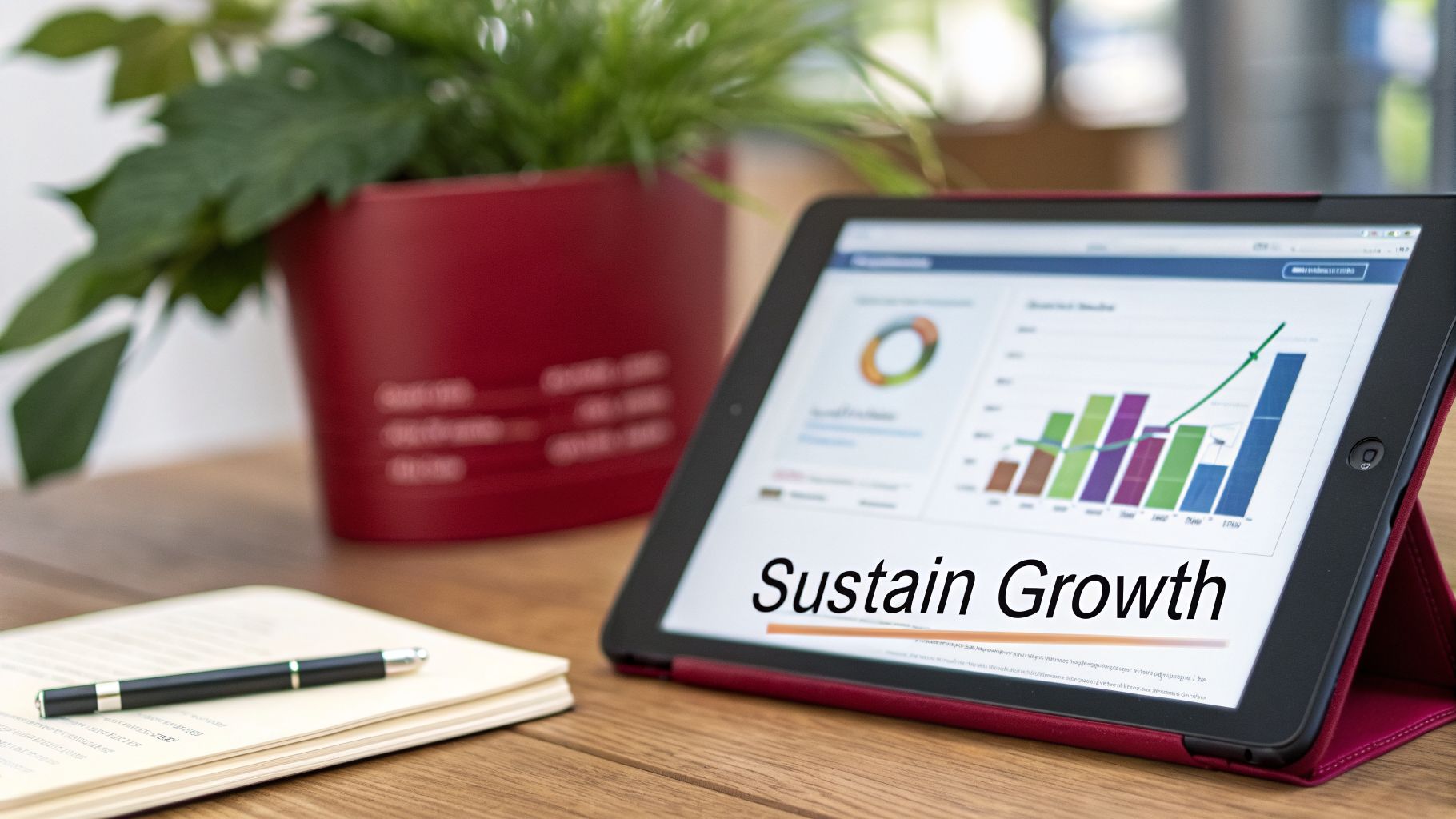 A digital tablet on a wooden desk displays 'Sustain Growth' with charts and a plant.