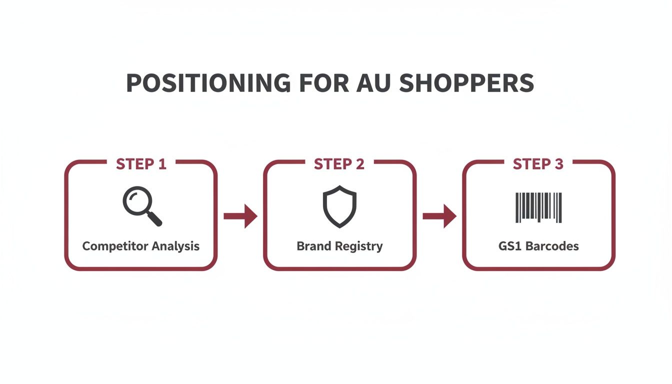 A three-step process for positioning products for Australian shoppers, including competitor analysis, brand registry, and GS1 barcodes.