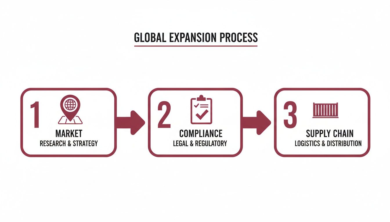 Infographic detailing the three-step global expansion process: market research, compliance, and supply chain.