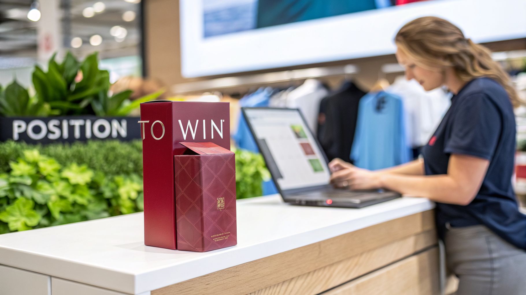 A woman works on a laptop at a retail counter with red boxes that say “POSITION TO WIN”.