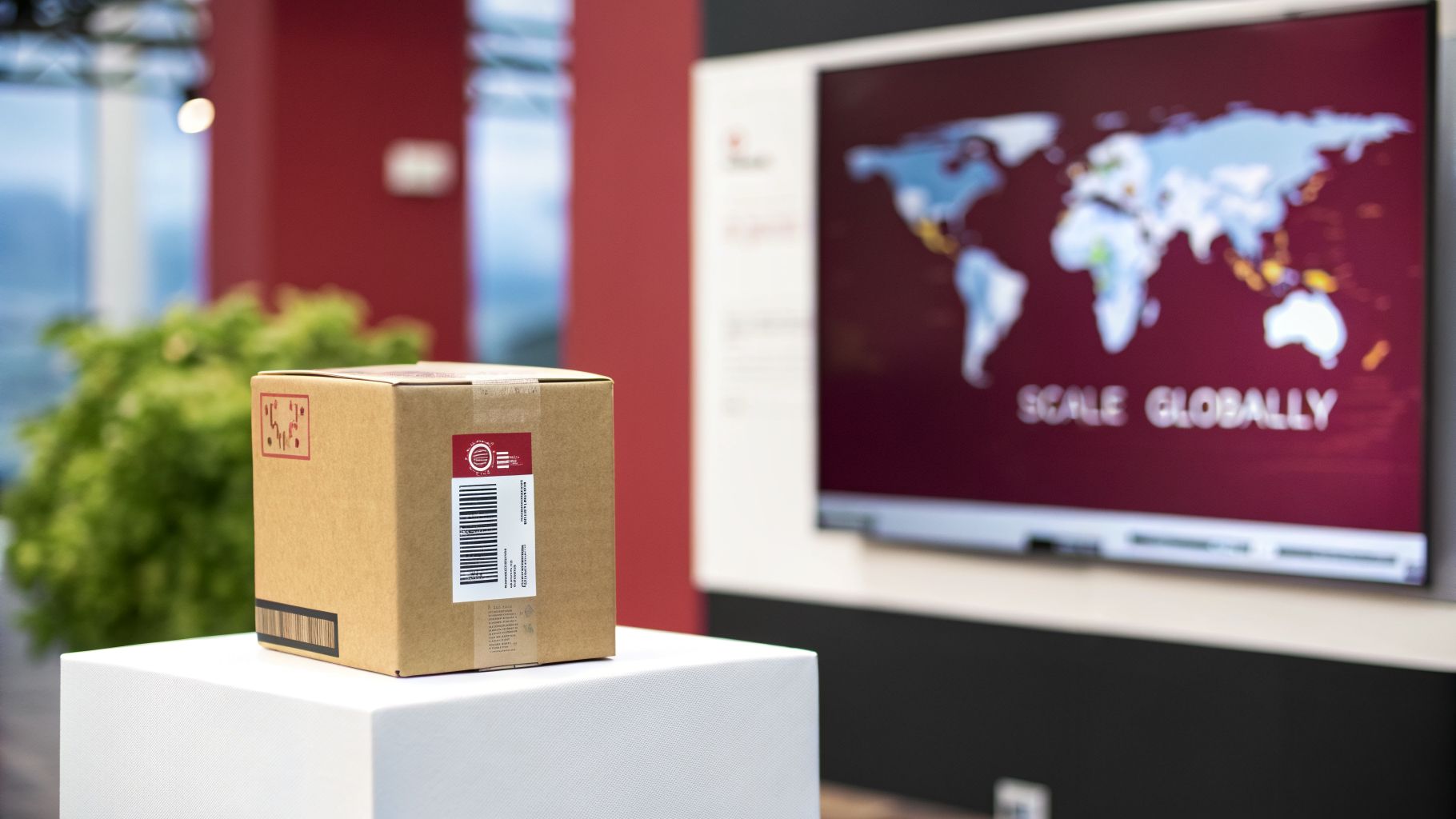 A cardboard shipping box on a white pedestal, with a screen displaying a world map and 'SCALE GLOBALLY'.