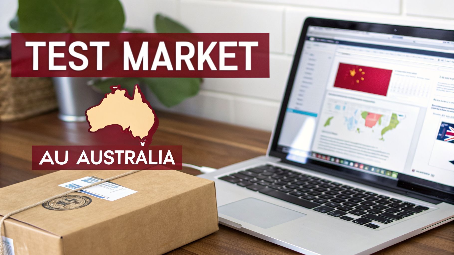 A laptop displays market data, alongside a package and text overlays 'TEST MARKET AU AUSTRALIA'.