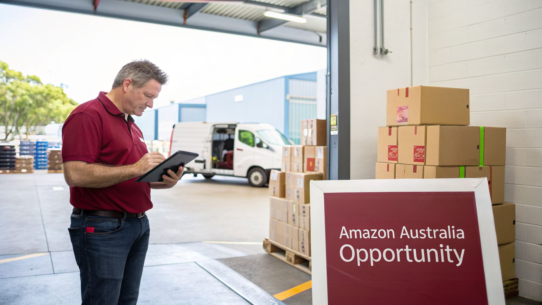 A man in a red polo shirt uses a tablet in a warehouse, with Amazon Australia packages and a delivery van in the background.