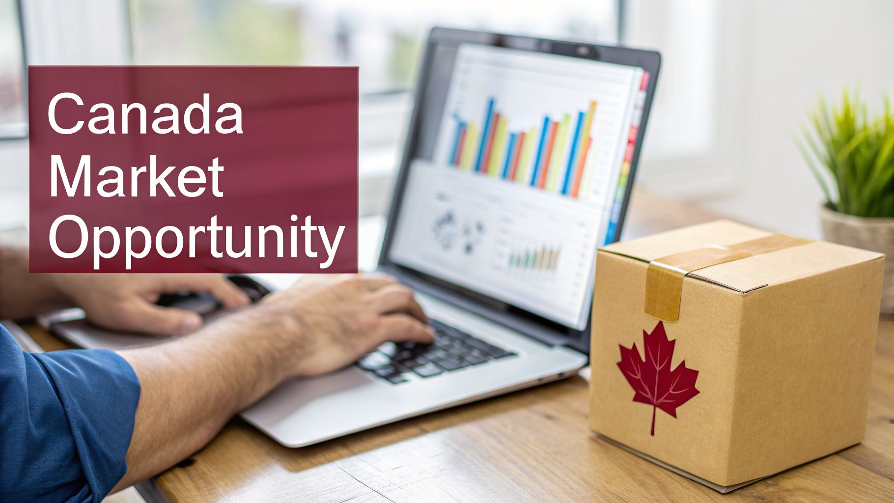 A person works on a laptop showing market data next to a box with a Canadian maple leaf, highlighting Canada Market Opportunity.