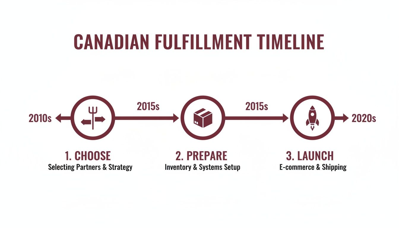 A Canadian Fulfillment Timeline diagram showing three steps: Choose,Prepare, and Launch, from 2010s to 2020s.