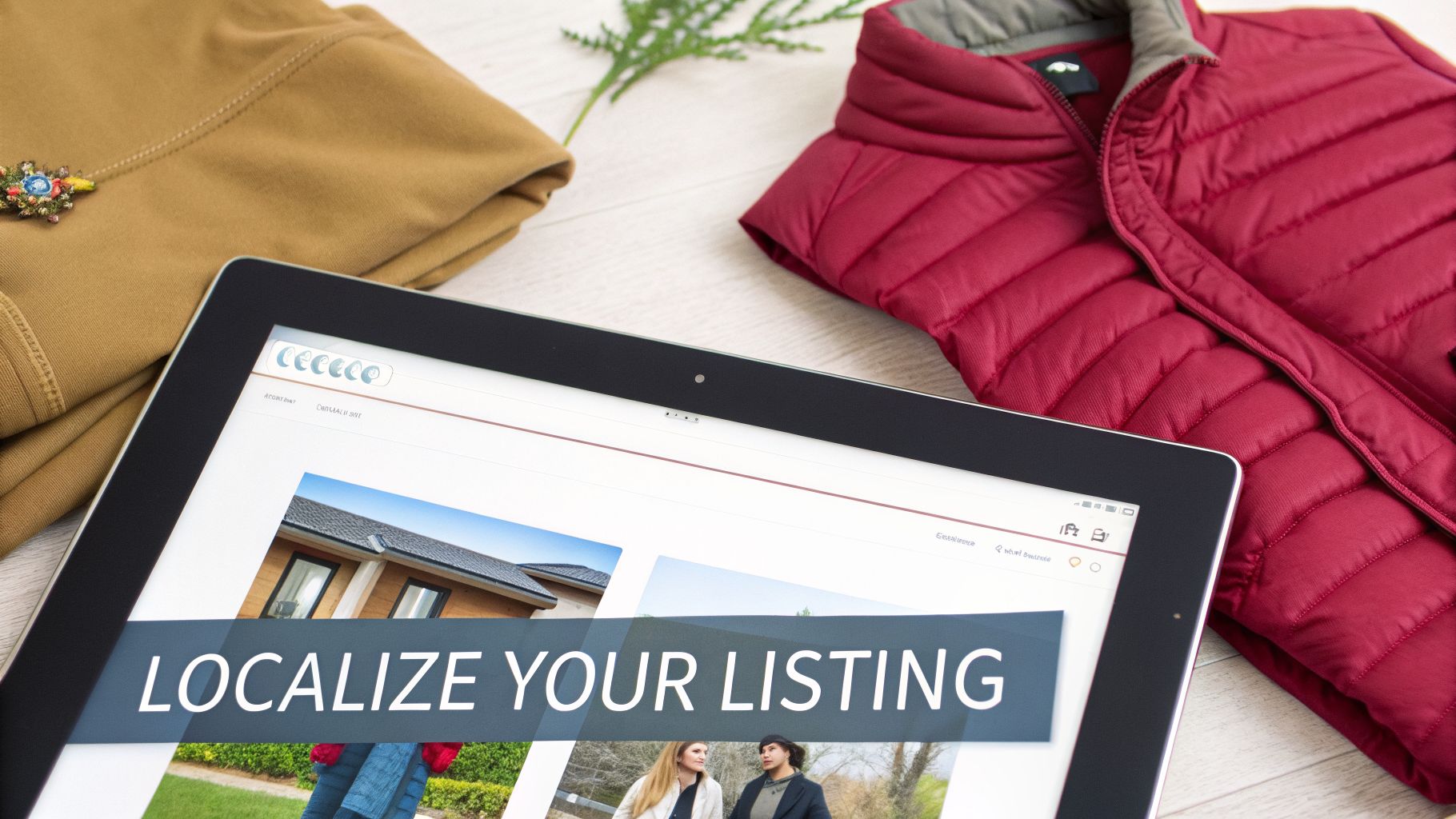 A digital tablet displays a website with 'LOCALIZE YOUR LISTING' text, next to a brown shirt and red vest.