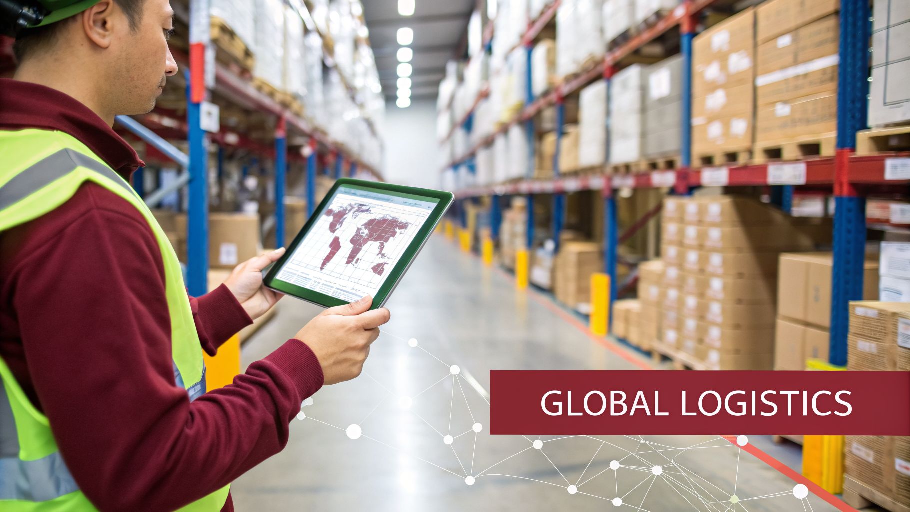A warehouse worker uses a tablet displaying a global map in a logistics center with shelves of boxes.