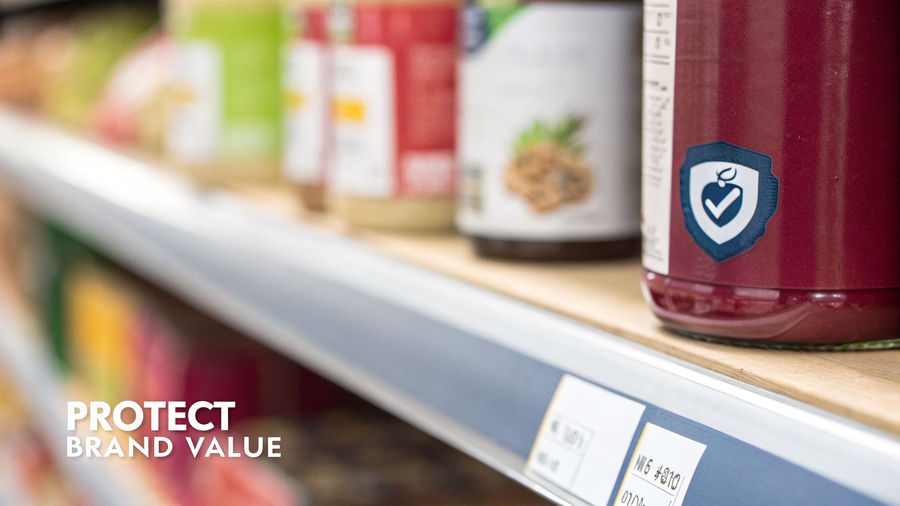 Supermarket shelf with food products, showcasing a bottle with a brand protection label and 'PROTECT BRAND VALUE'.