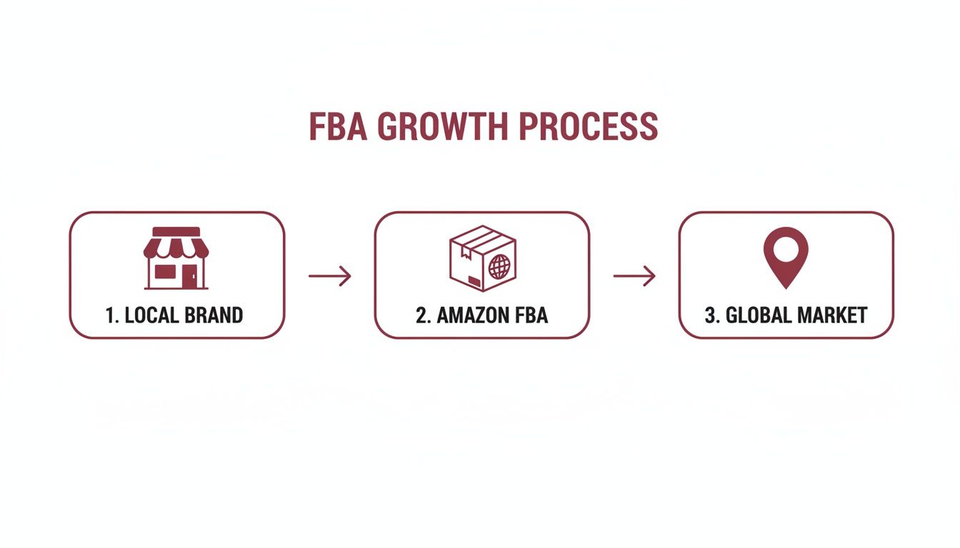Diagram illustrating the FBA growth process, from a local brand to the global market via Amazon FBA.