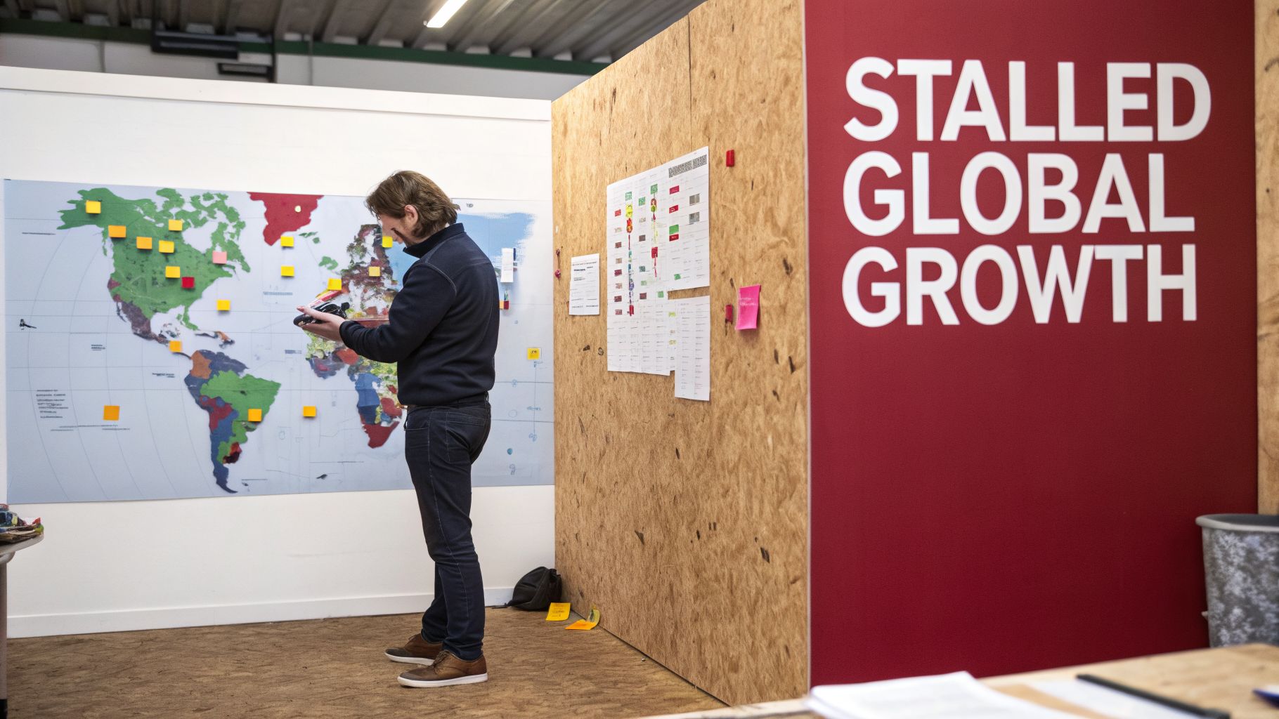 A man analyzing a large world map with colorful sticky notes, near a sign saying 'Stalled Global Growth'.