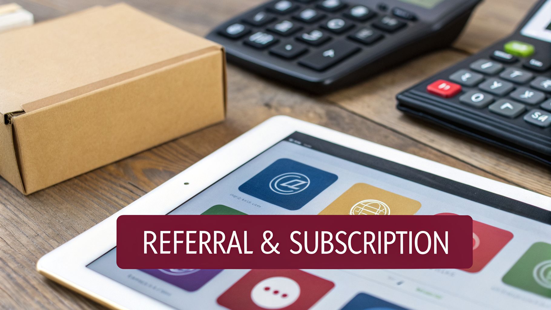 A tablet showing app icons, a cardboard box, and two calculators on a wooden desk with text 'REFERRAL & SUBSCRIPTION'.