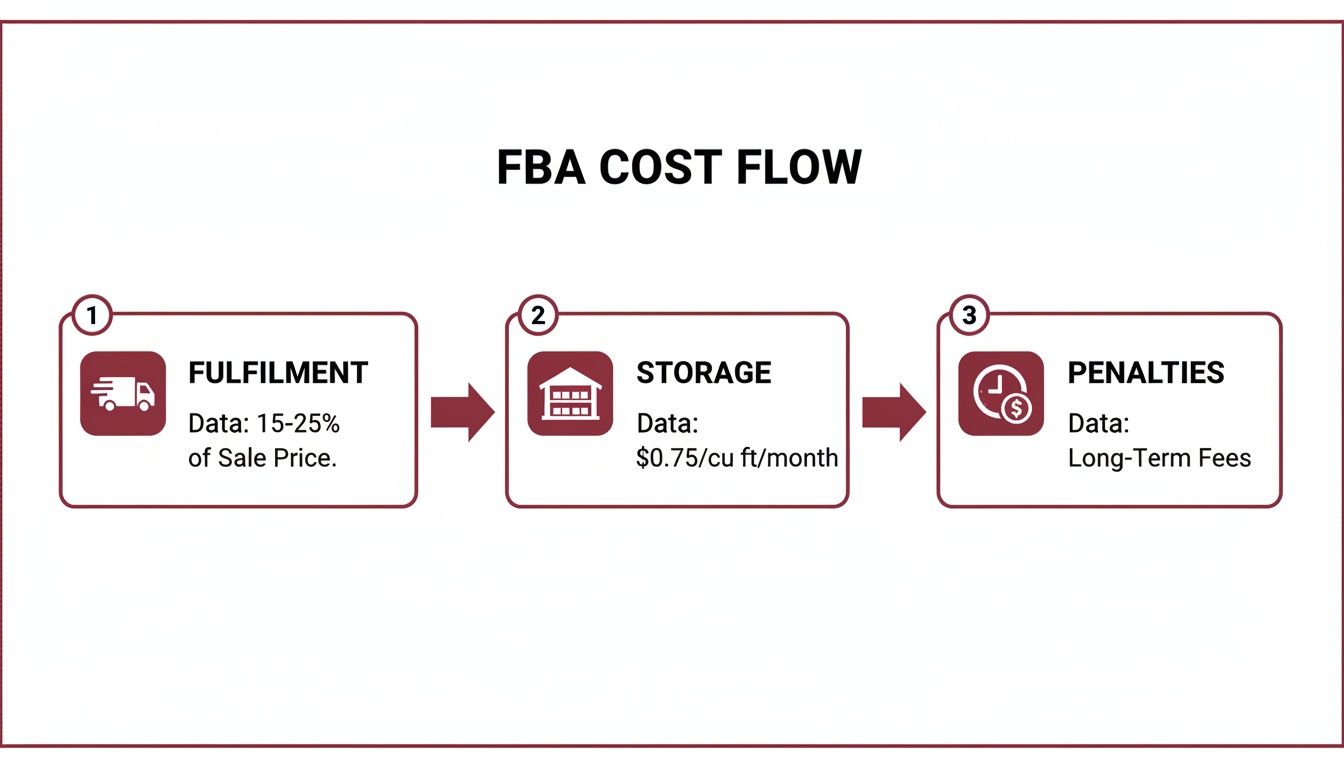 Flowchart detailing Amazon FBA costs including fulfillment percentages, storage rates, and long-term penalties.