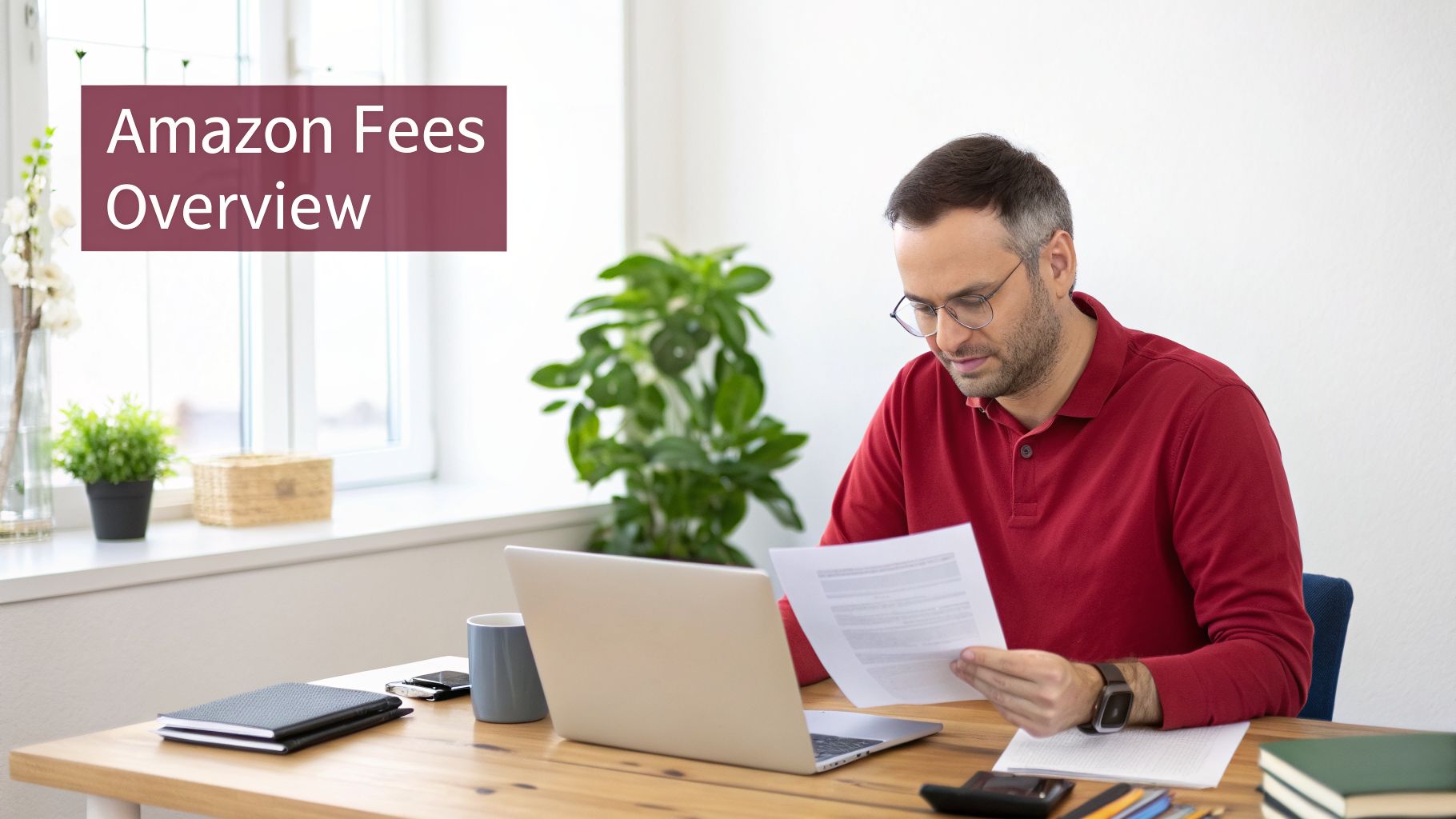 A man in glasses reviews financial documents at his home office desk with a laptop.