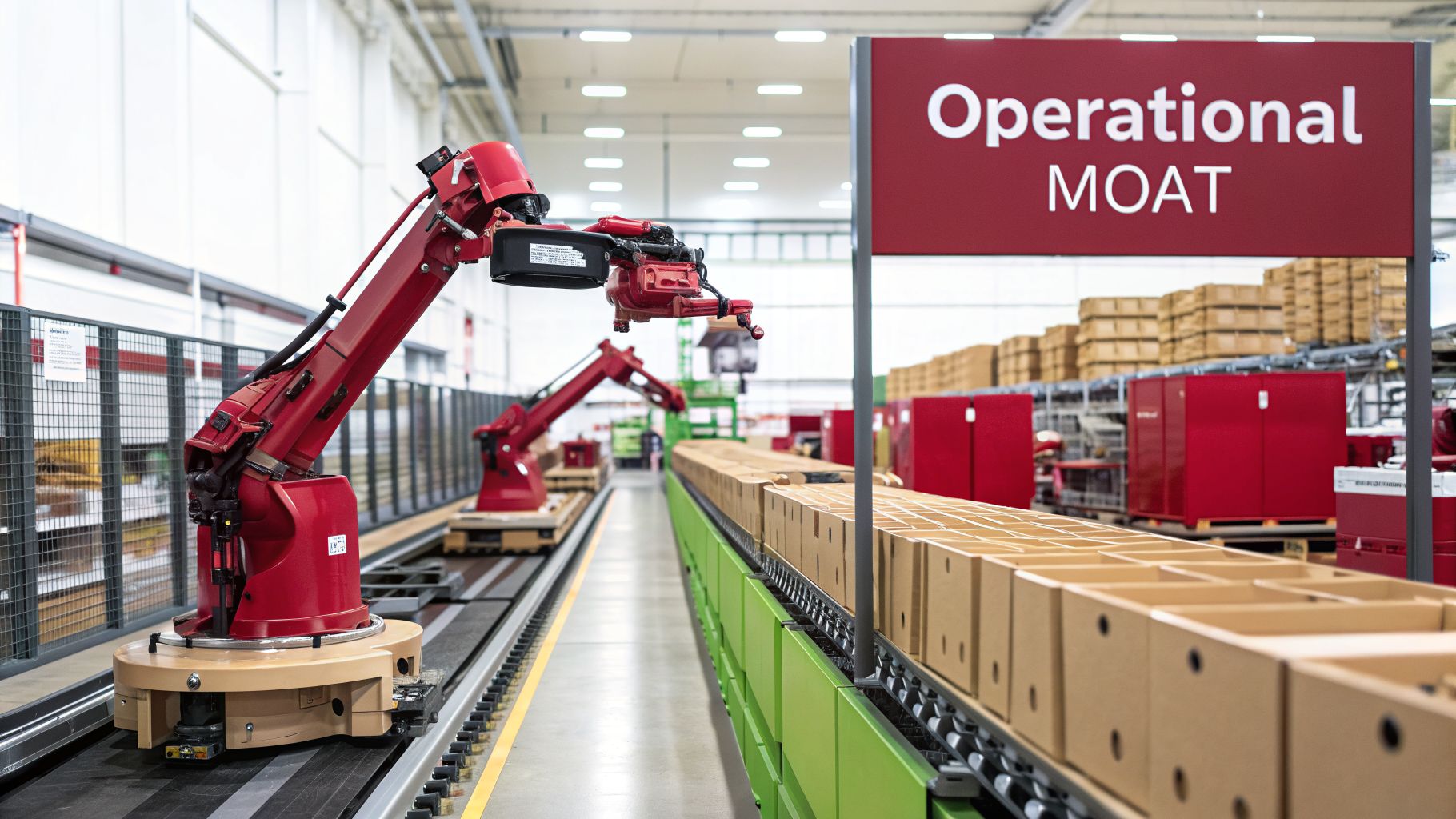 Red robotic arms on tracks in an automated warehouse, handling cardboard boxes on a conveyor belt.