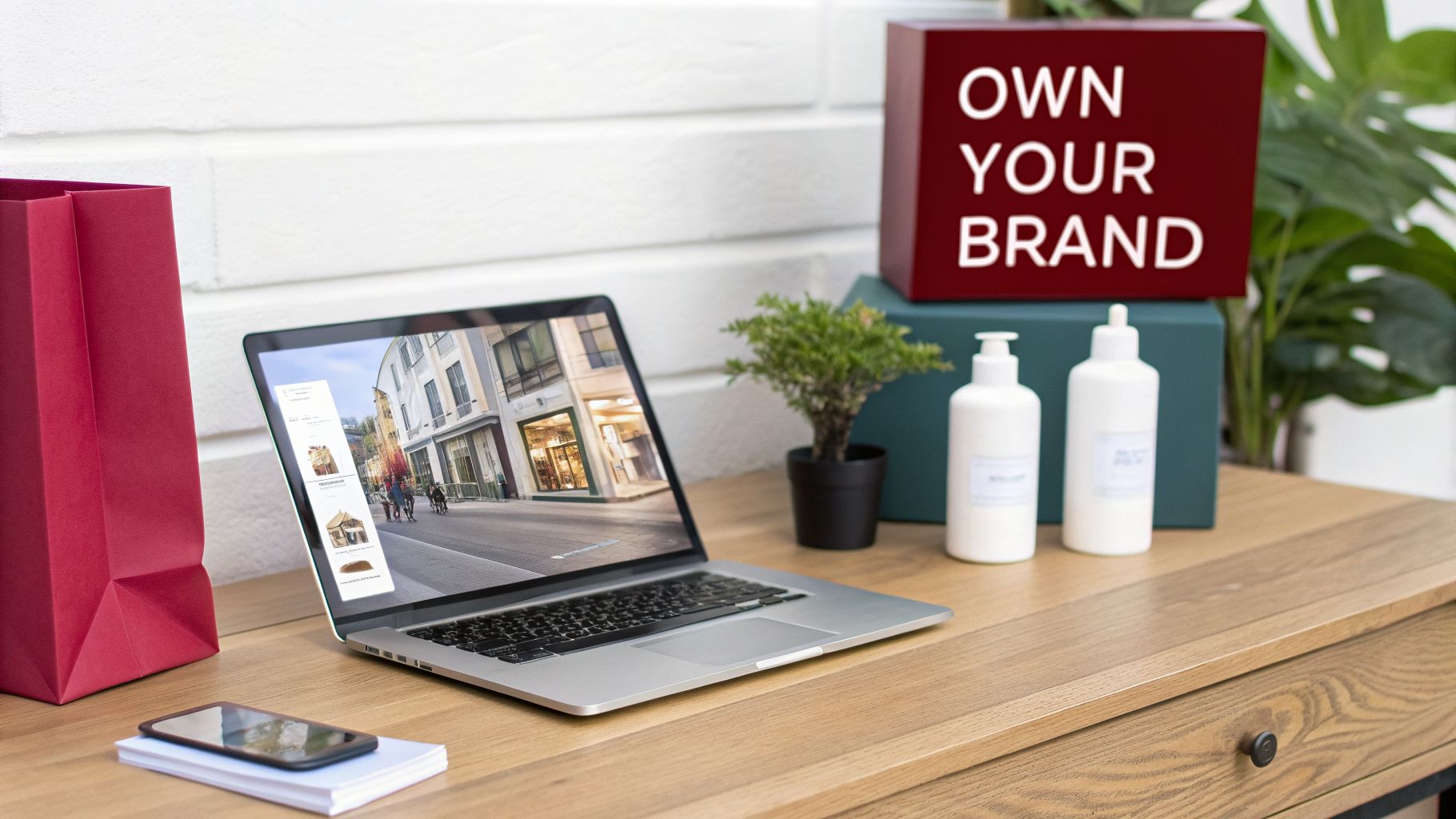 Desk setup with laptop, 'OWN YOUR BRAND' sign, red bag, plant, and white bottles, highlighting e-commerce.