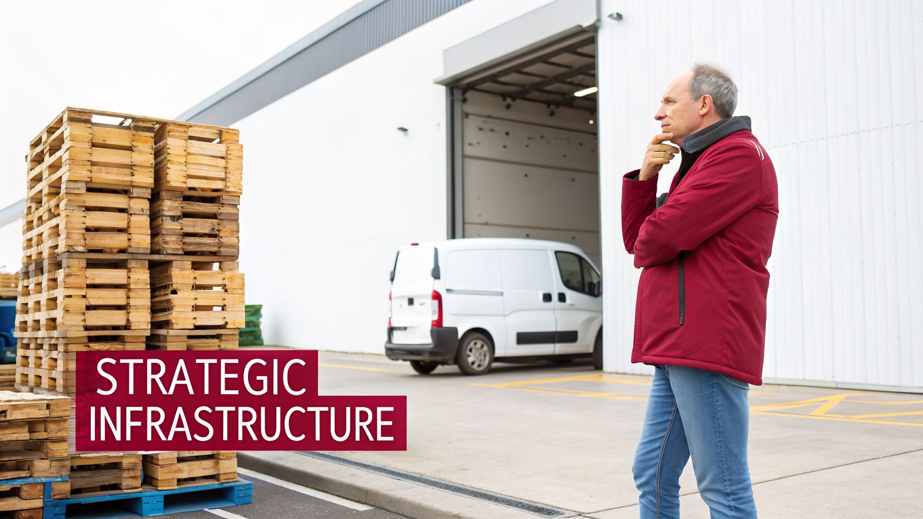 A thoughtful man stands outside a warehouse with a delivery van and stacks of pallets, representing strategic infrastructure.