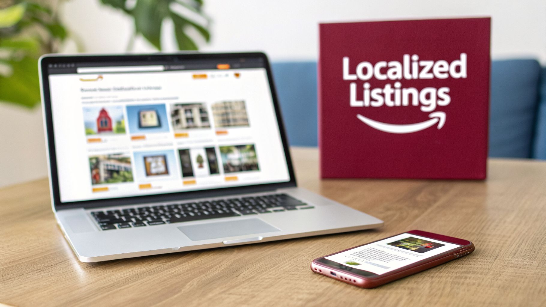 A laptop, smartphone, and 'Localized Listings' box on a wooden desk, related to Amazon.