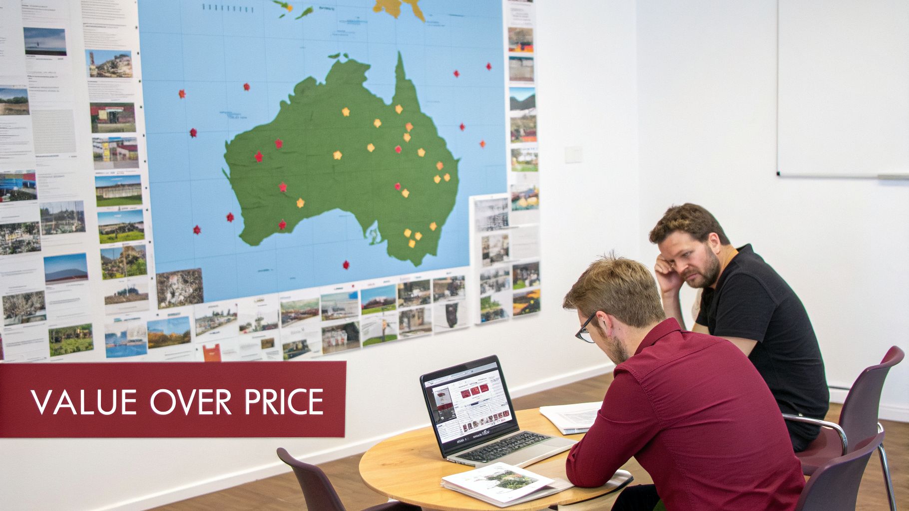 Two men collaborate in an office, one on a laptop, with a large Australian map behind them.
