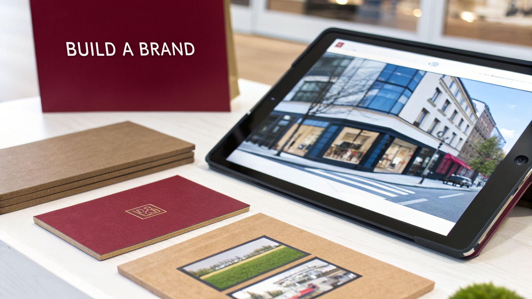 A red 'BUILD A BRAND' sign, marketing materials, and a tablet displaying a city street.