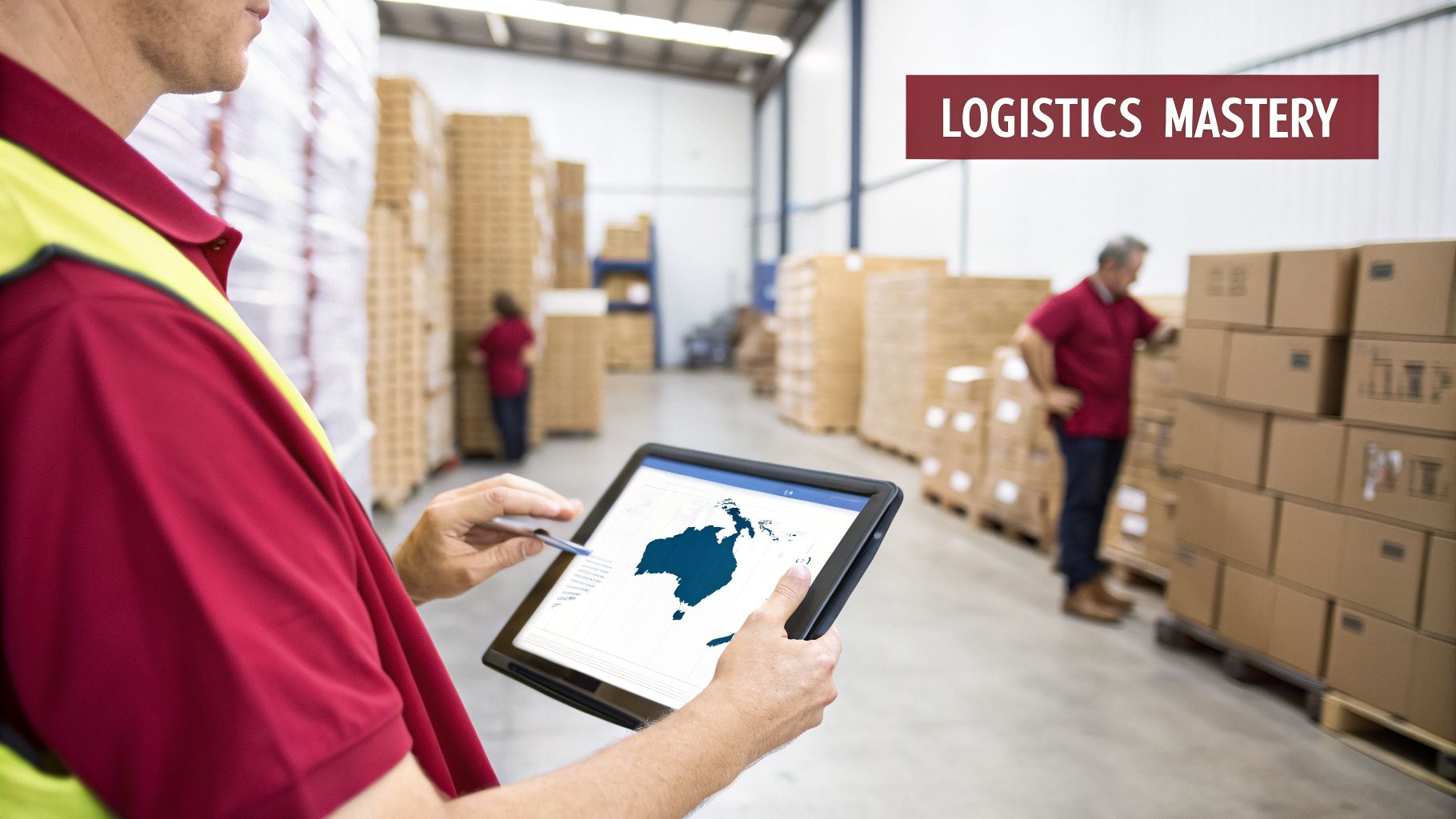 A warehouse worker uses a tablet with an Australia map for logistics and supply chain management.