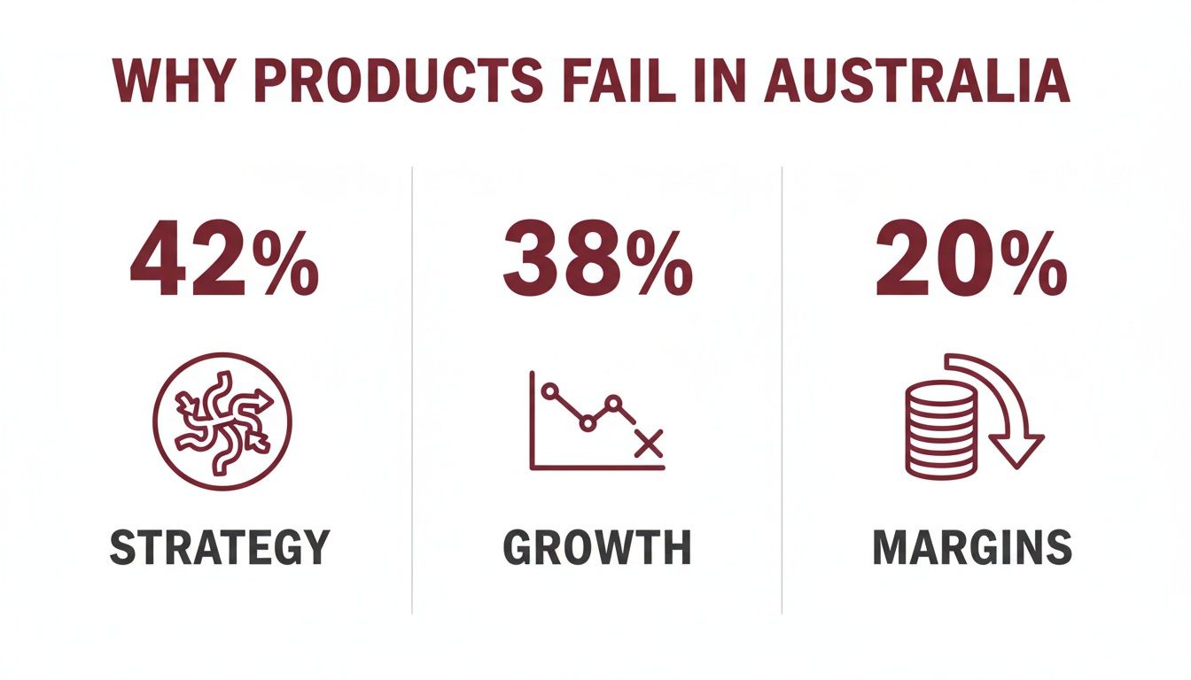 Infographic showing reasons why products fail in Australia: Strategy (42%), Growth (38%), and Margins (20%).