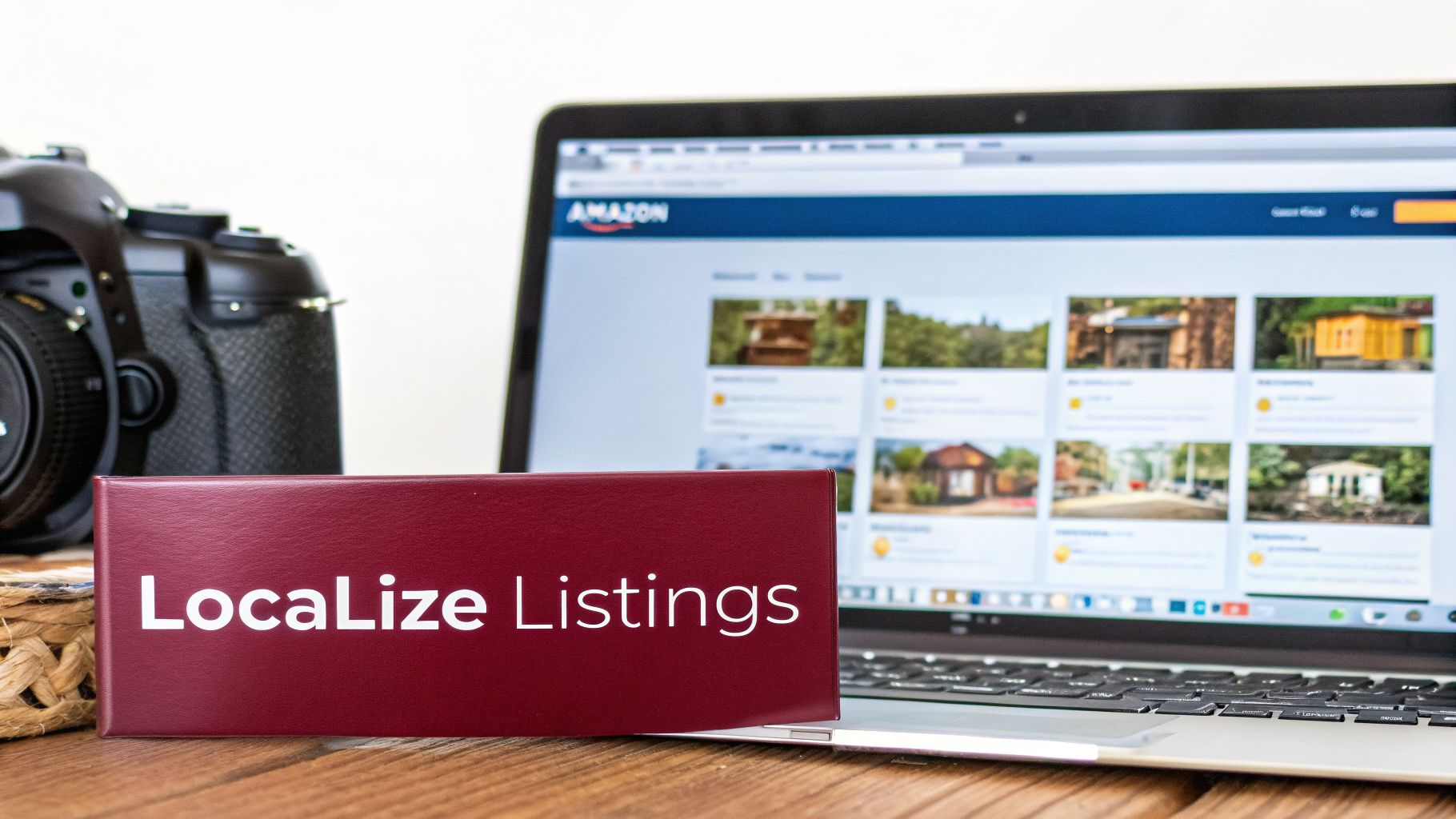 Red 'Localize Listings' box, camera, and laptop showing Amazon product pages for homes.