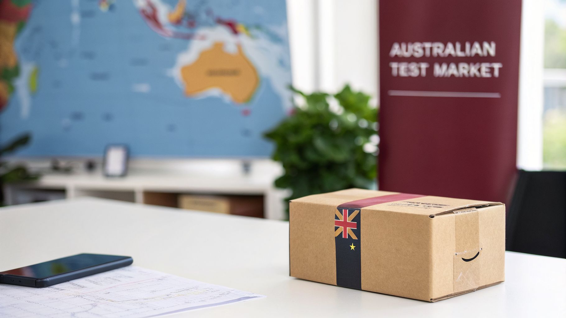 An Amazon package with a Christmas Island flag sits on a table, with a phone and a map in the background.