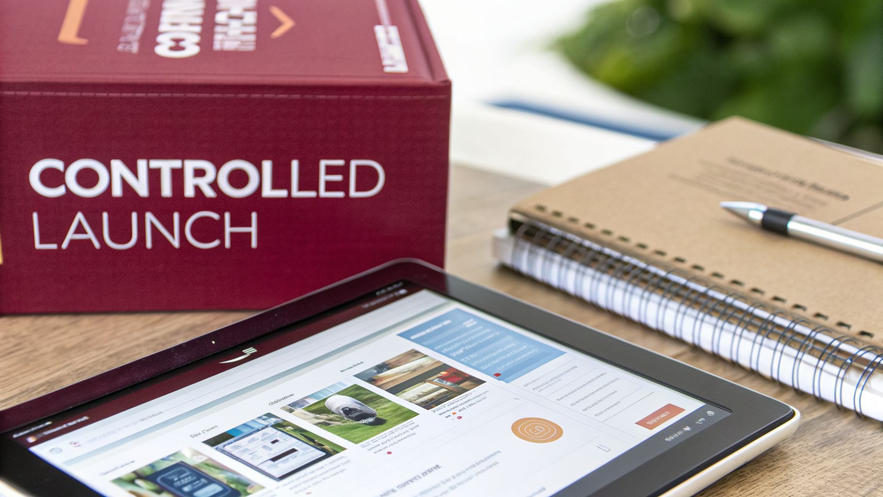 A red box labeled 'CONTROLLED LAUNCH' next to a tablet displaying a webpage, a notebook, and a pen.