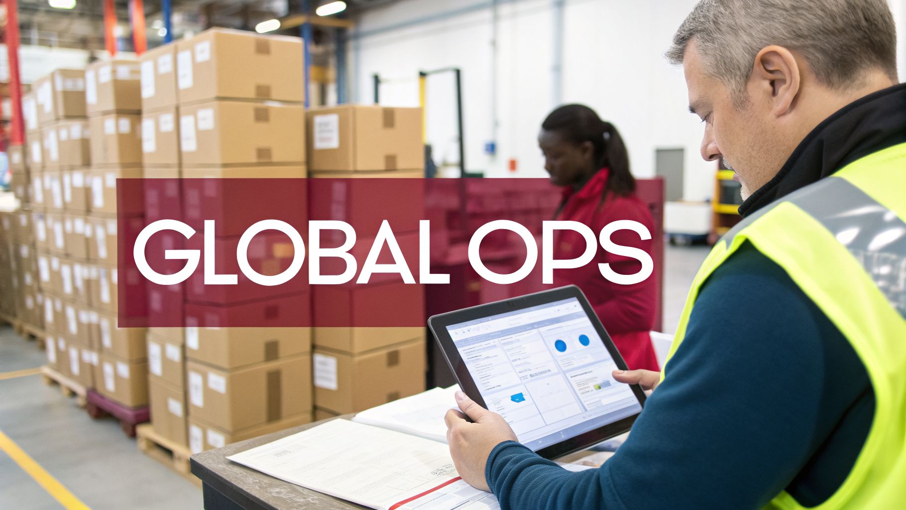 Warehouse worker in a high-visibility vest using a tablet to manage global operations among stacks of boxes.