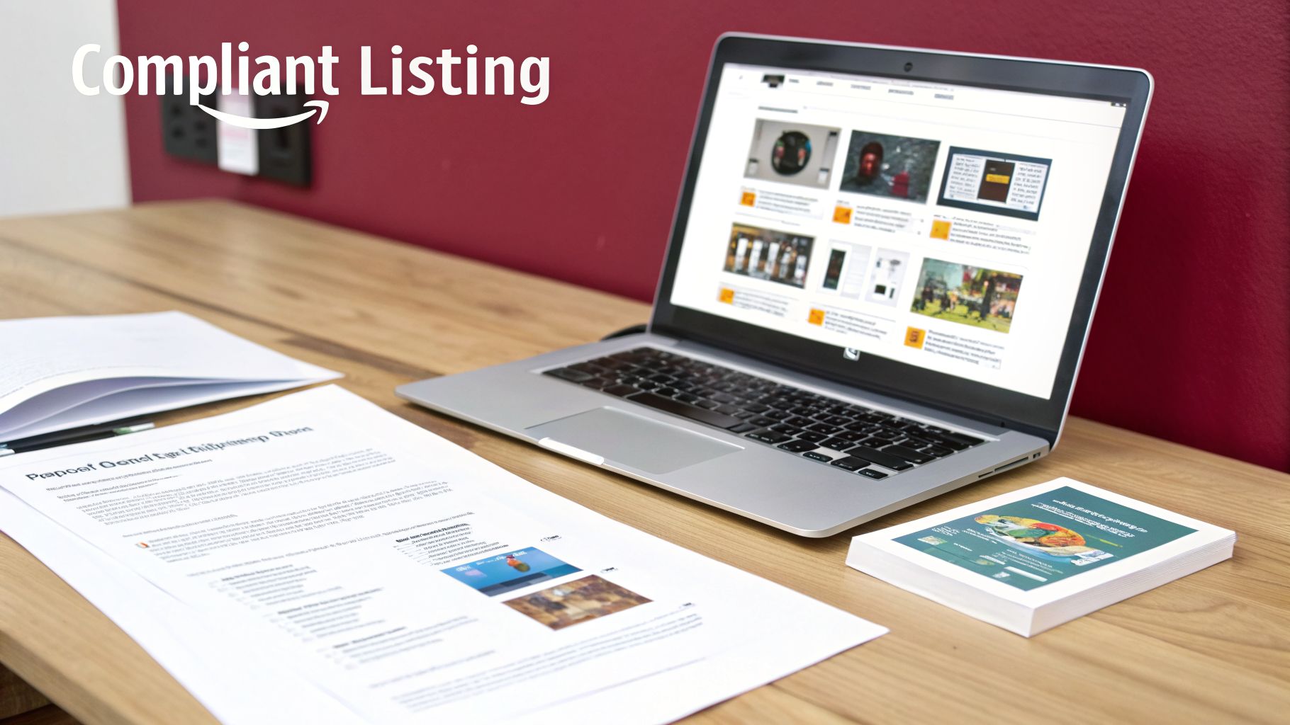 Workspace with a laptop displaying Amazon-like content and documents, featuring "Compliant Listing" text.