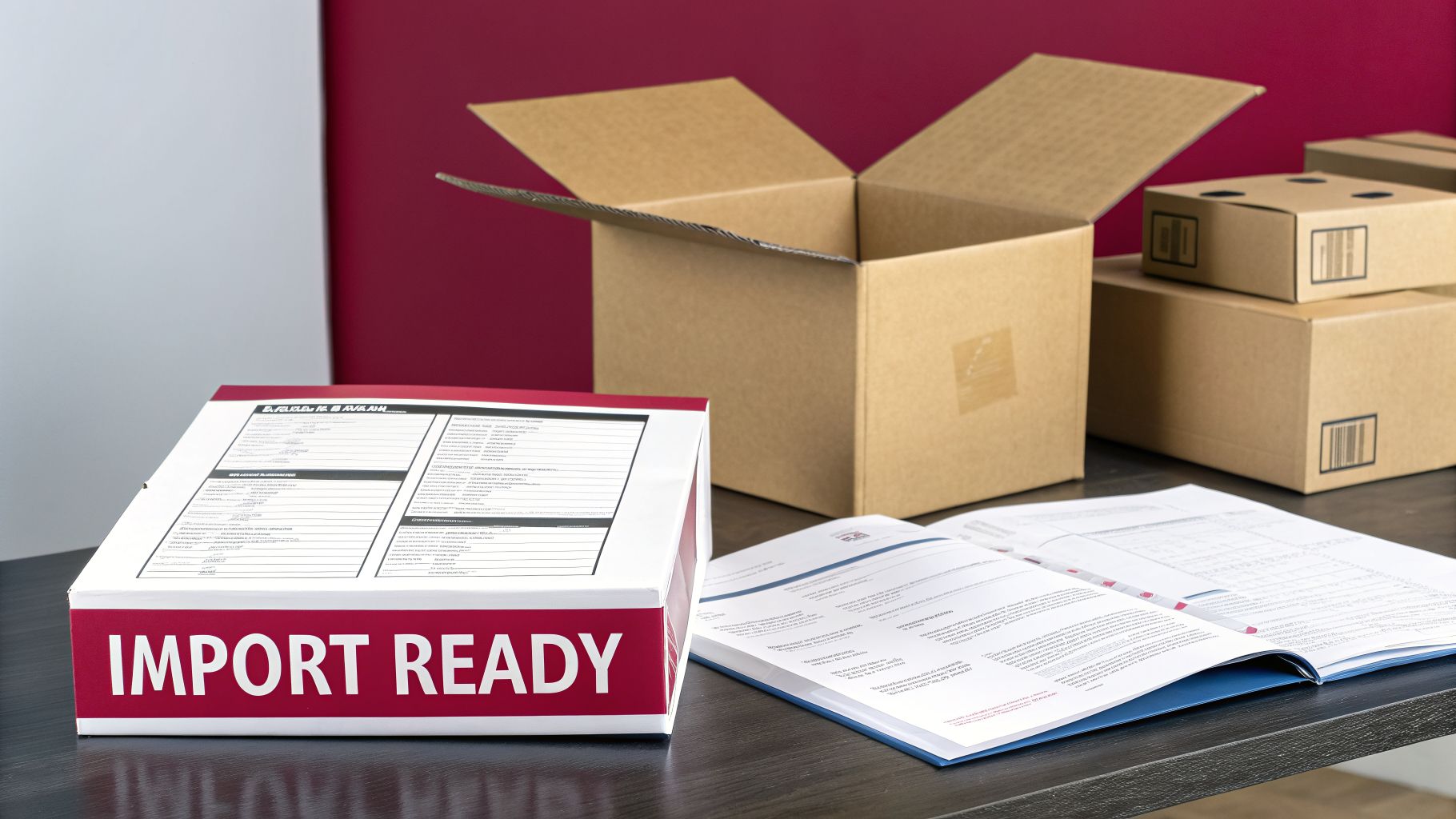 A close-up of a table with a red and white 'IMPORT READY' box, open documents, and stacked cardboard shipping boxes, indicating logistics or Amazon selling preparation.