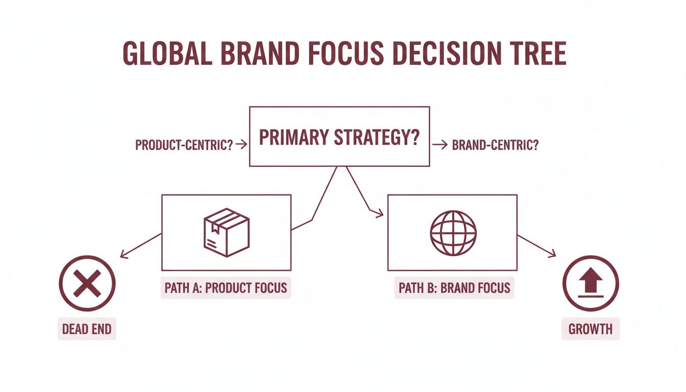 Decision tree showing global brand focus strategy: product-centric leads to dead end, brand-centric to growth.