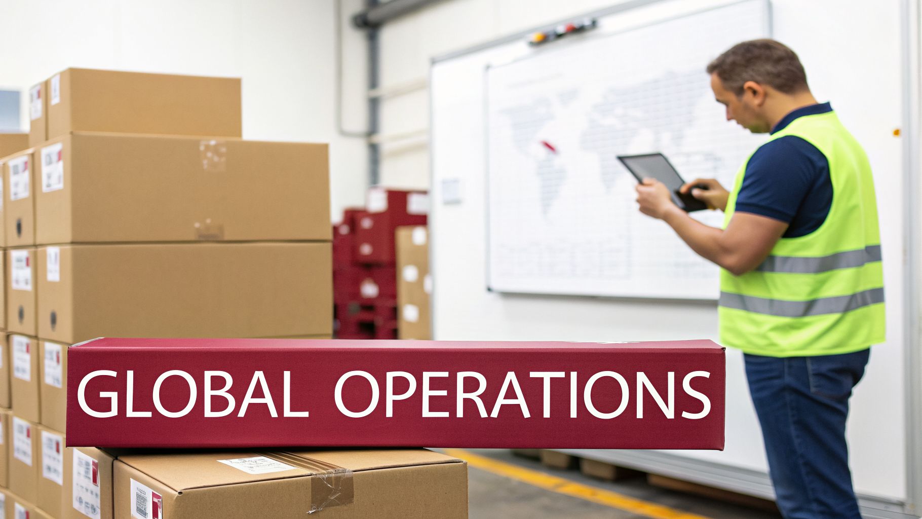 A man in a high-vis vest reviews logistics on a tablet, with a 'GLOBAL OPERATIONS' box in a warehouse.