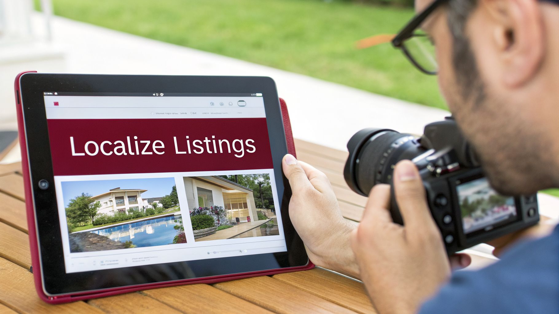 A person photographs real estate listings displayed on a tablet screen with a professional camera.