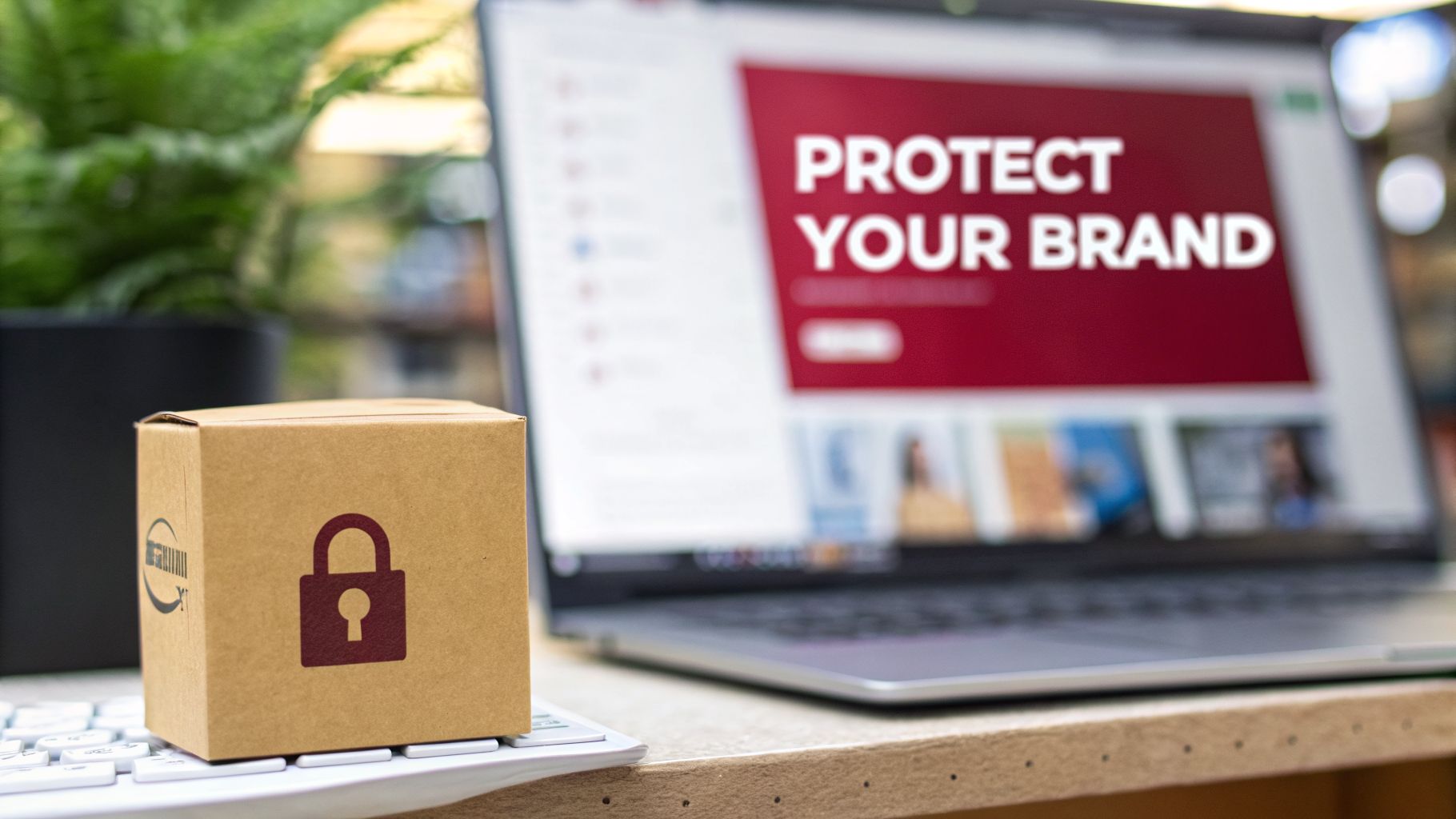 A small cardboard box with a padlock icon on a keyboard, next to a laptop displaying 'PROTECT YOUR BRAND'.