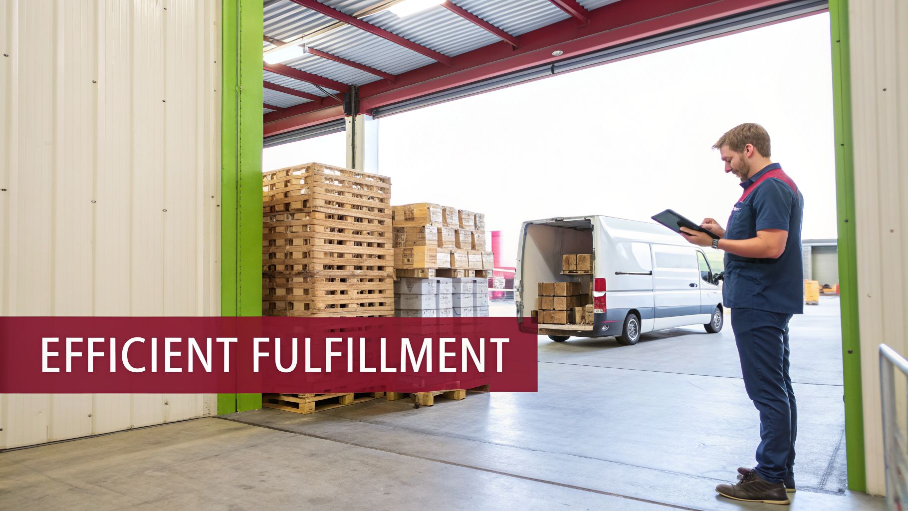 A man in uniform uses a tablet to manage packages being loaded into a delivery van at a warehouse.