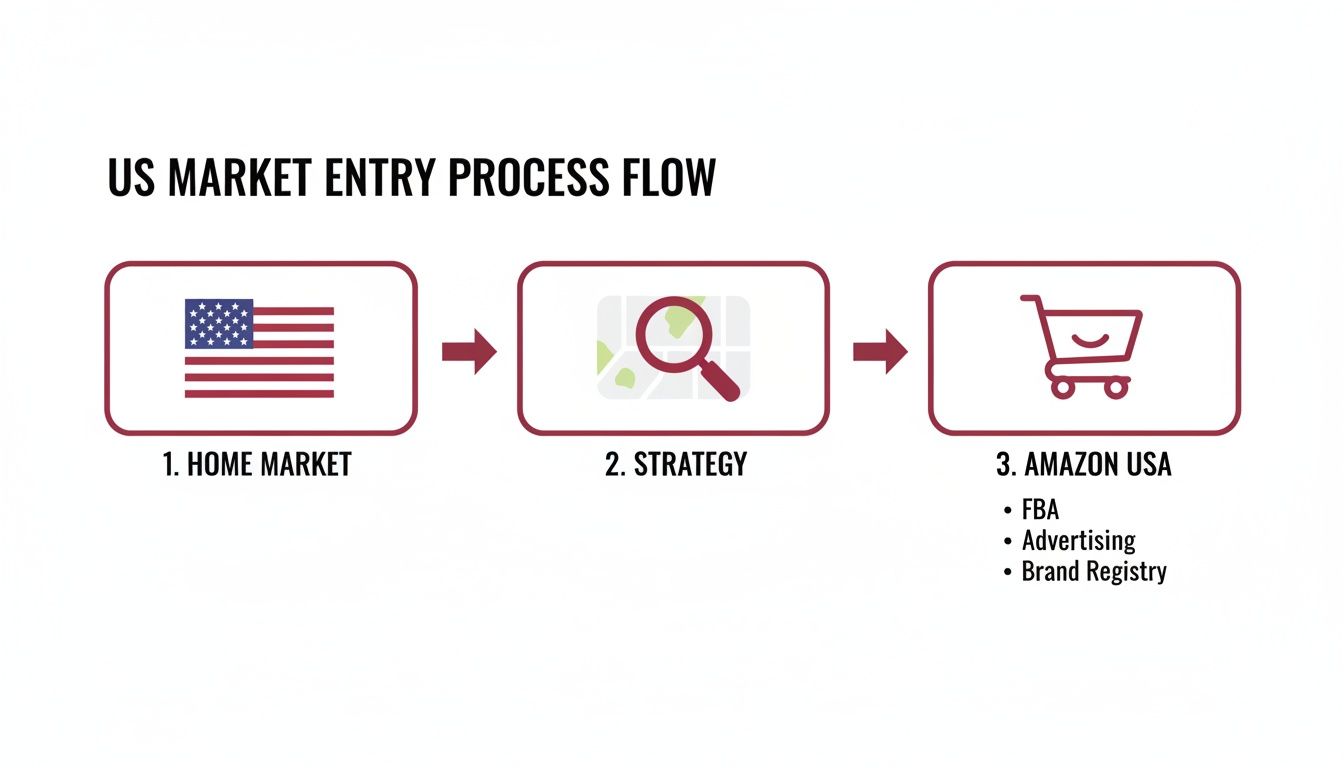 US market entry process flow diagram featuring strategy and Amazon USA steps.