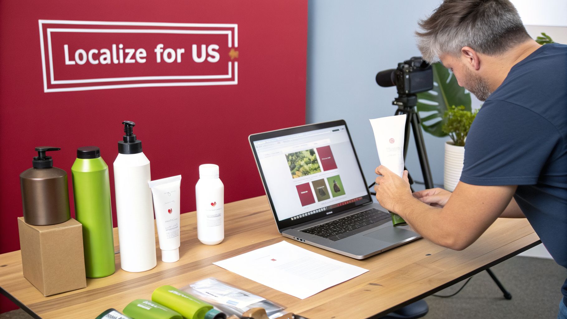 A man holds a white cosmetic tube, looking at a laptop displaying product images, with various bottles on a wooden table.