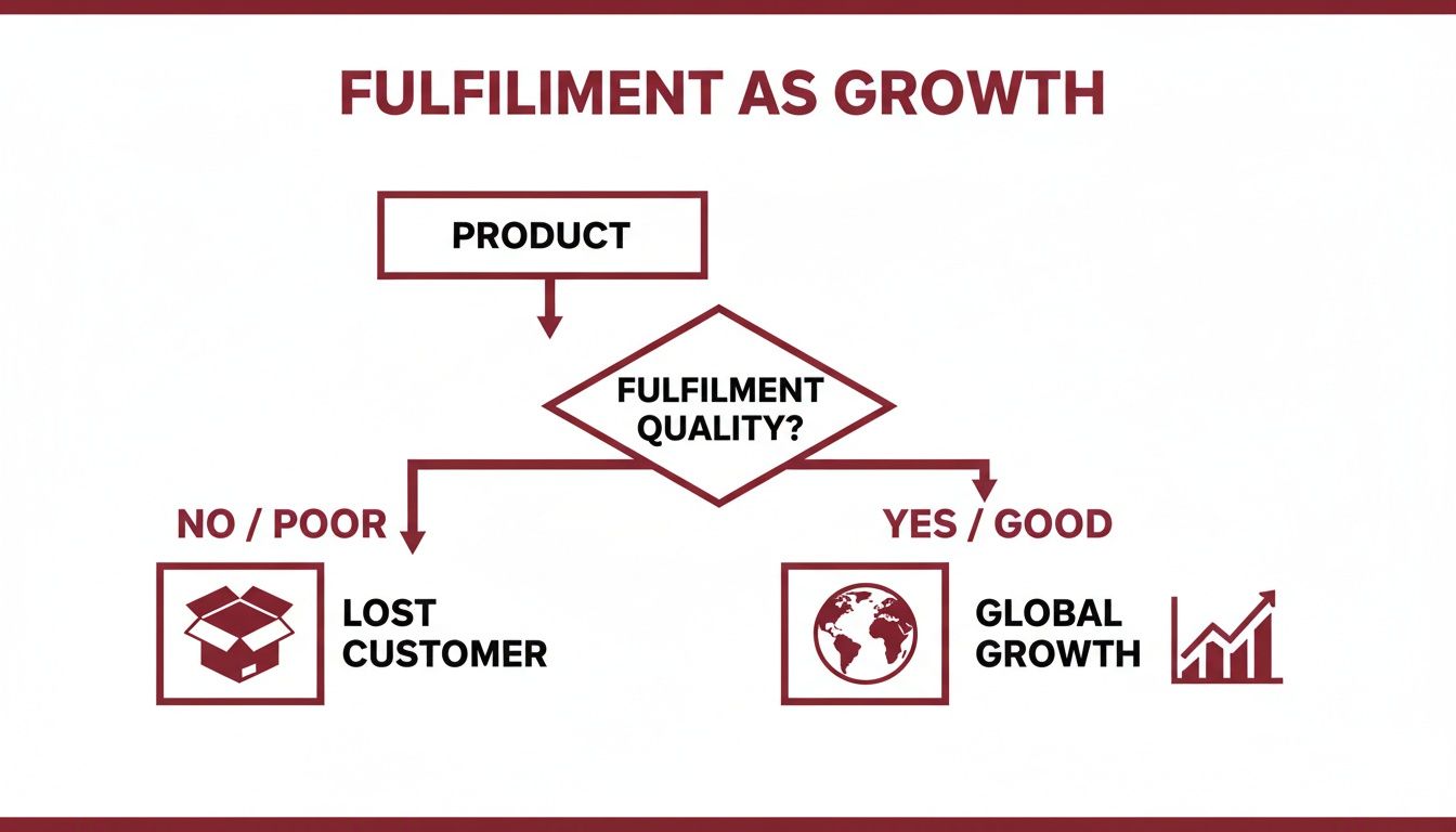 Flowchart illustrating how product fulfilment quality leads to either lost customers or global growth.