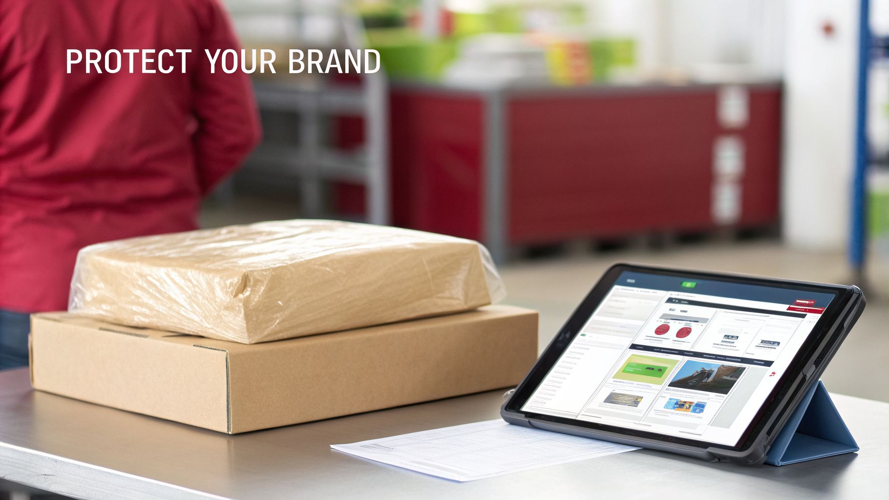 Packages on a table with a tablet displaying a logistics dashboard for brand protection.