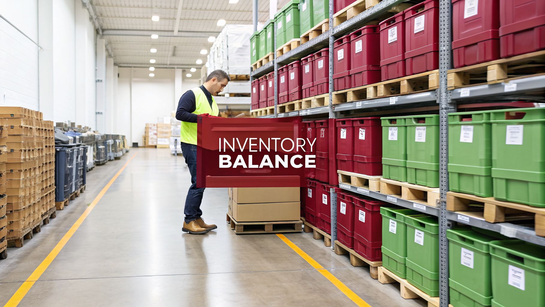 Warehouse worker in a high-visibility vest examining inventory bins on shelves, with 'INVENTORY BALANCE' text.