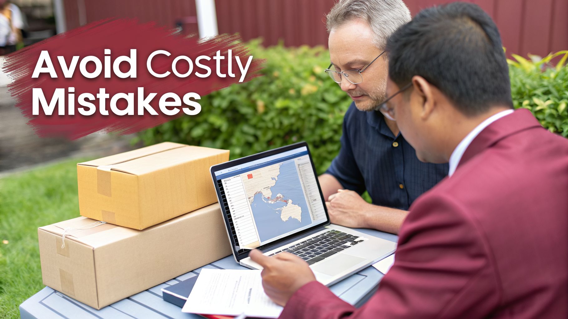 Two men looking at a laptop with a world map and data, discussing logistics with shipping boxes.