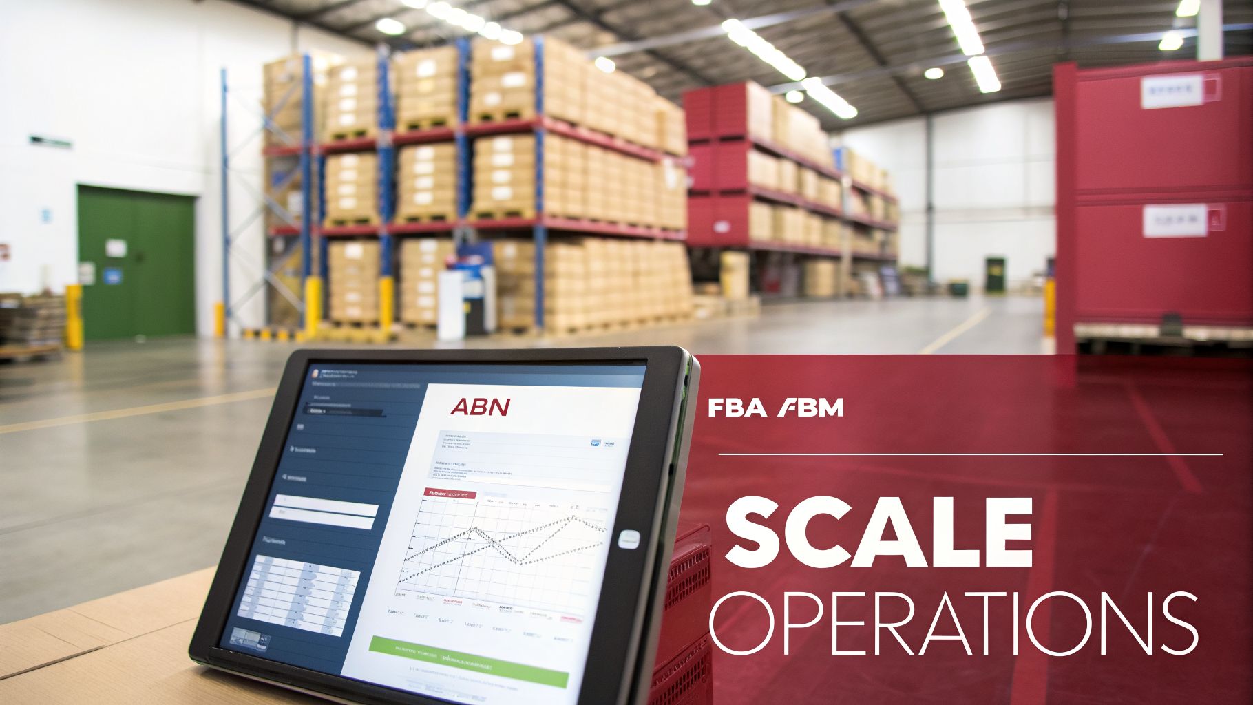 A tablet displaying a business application with charts in a warehouse, showing inventory and 'Scale Operations'.