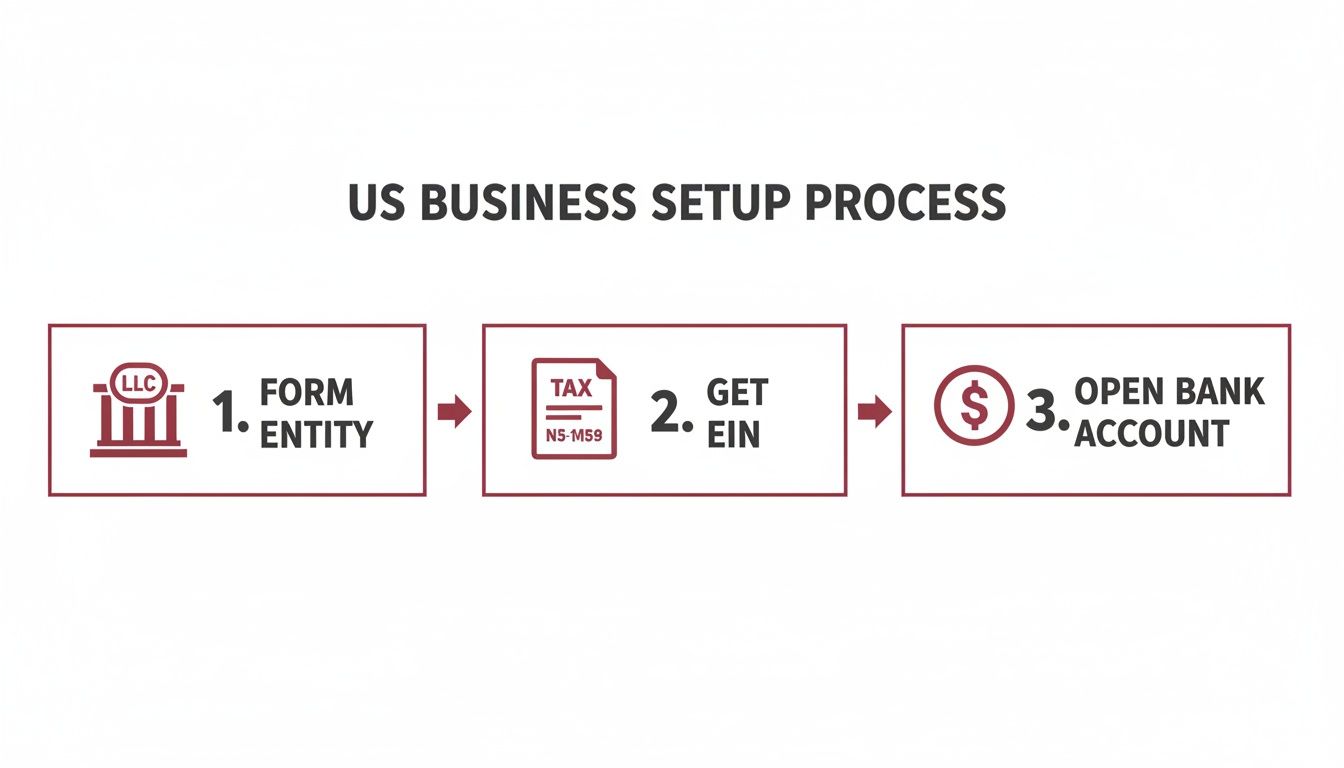 Infographic detailing the three-step US business setup process: form entity, get EIN, open bank account.