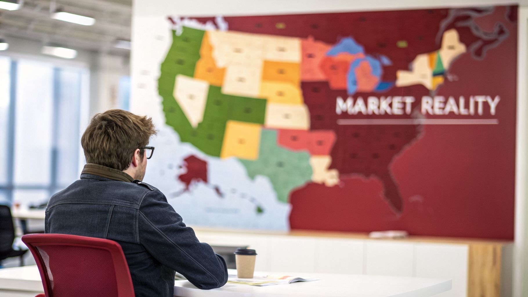 Person in a denim jacket at a desk, looking at a large US market reality map.