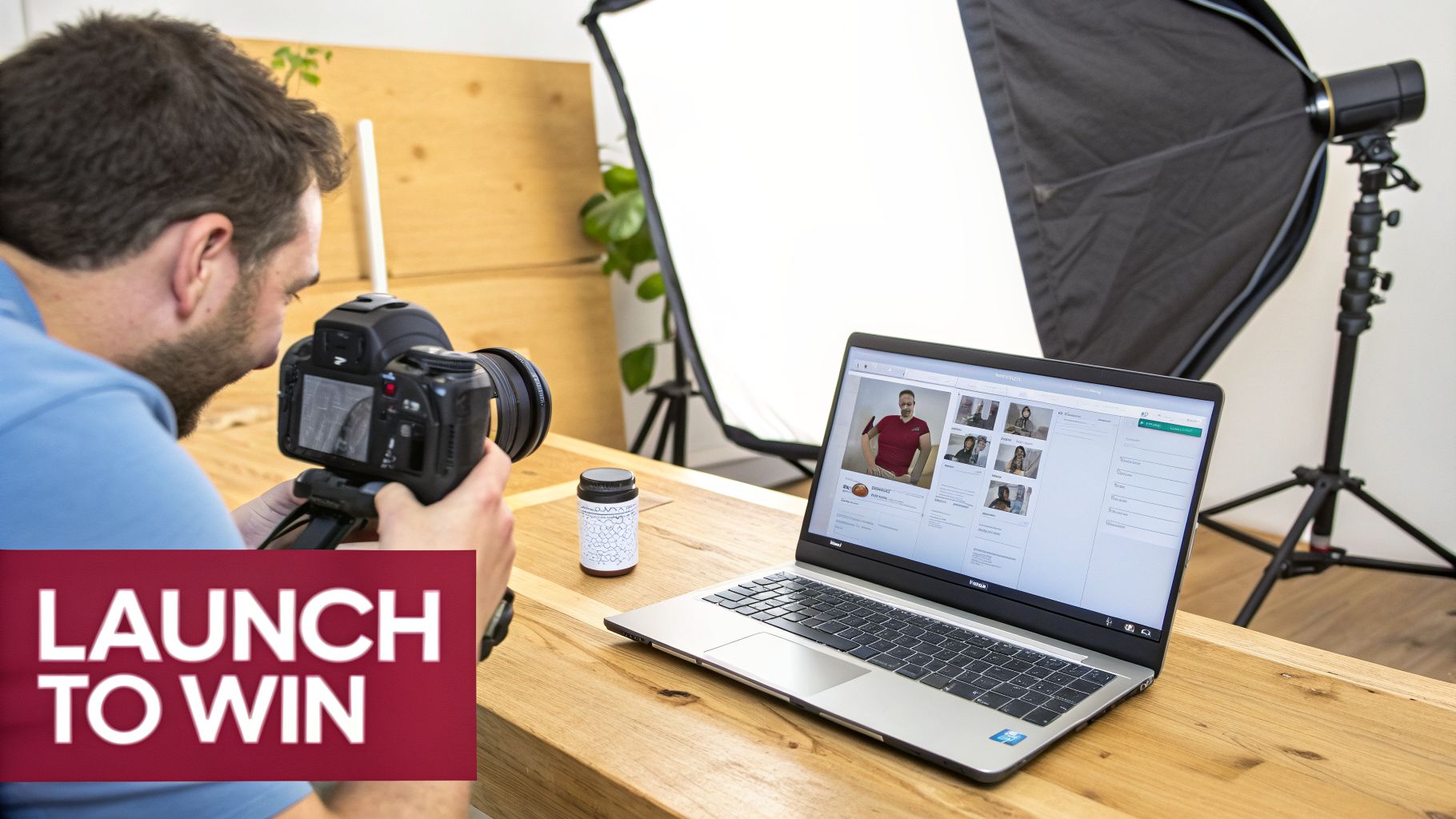 A man holds a camera, looking at a laptop displaying product images, with a photography setup.