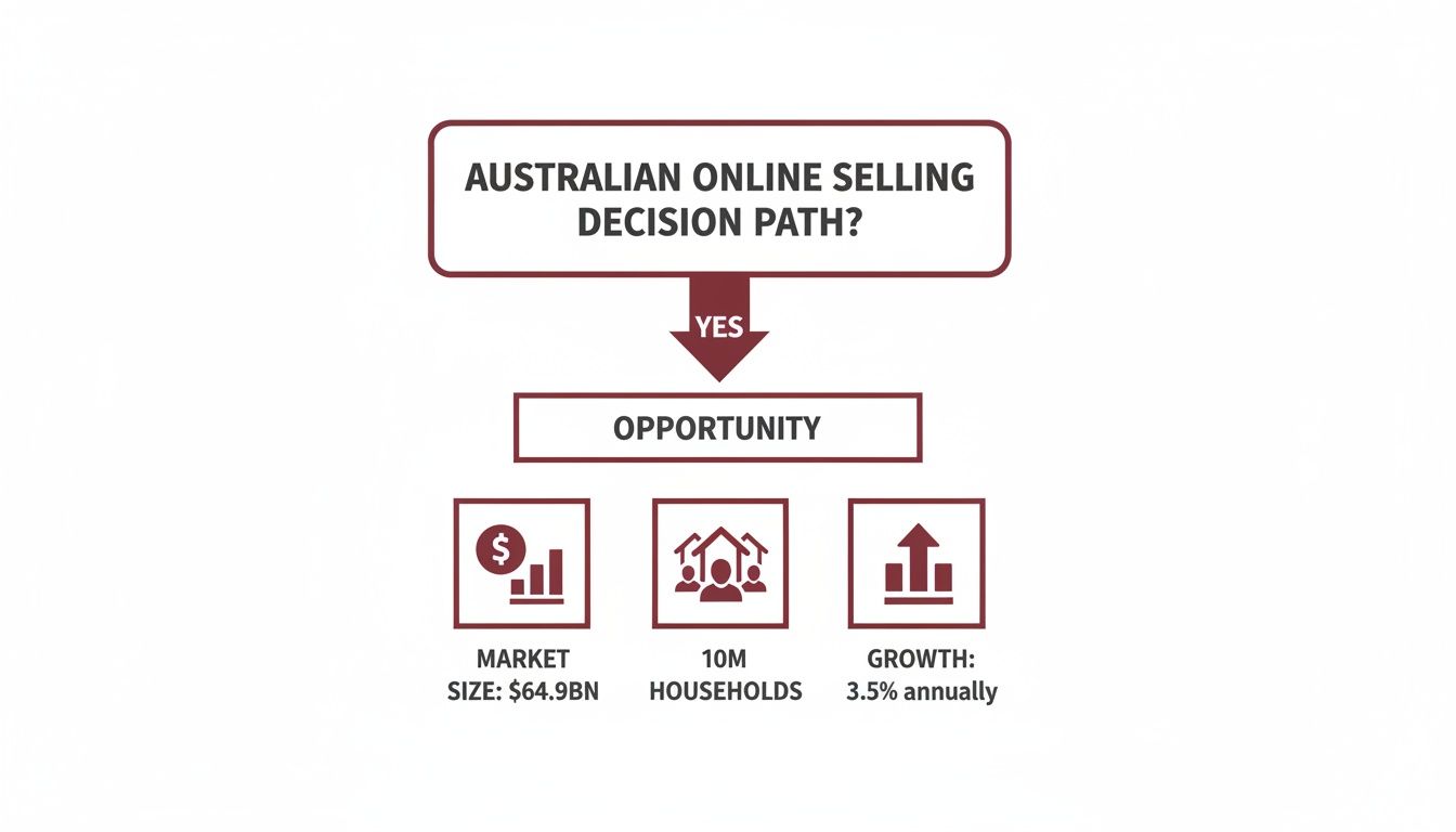 Flowchart outlining the Australian online selling decision path, detailing market size, households, and annual growth.
